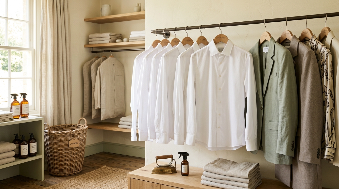Crisp hand-pressed shirts on wooden hangers
